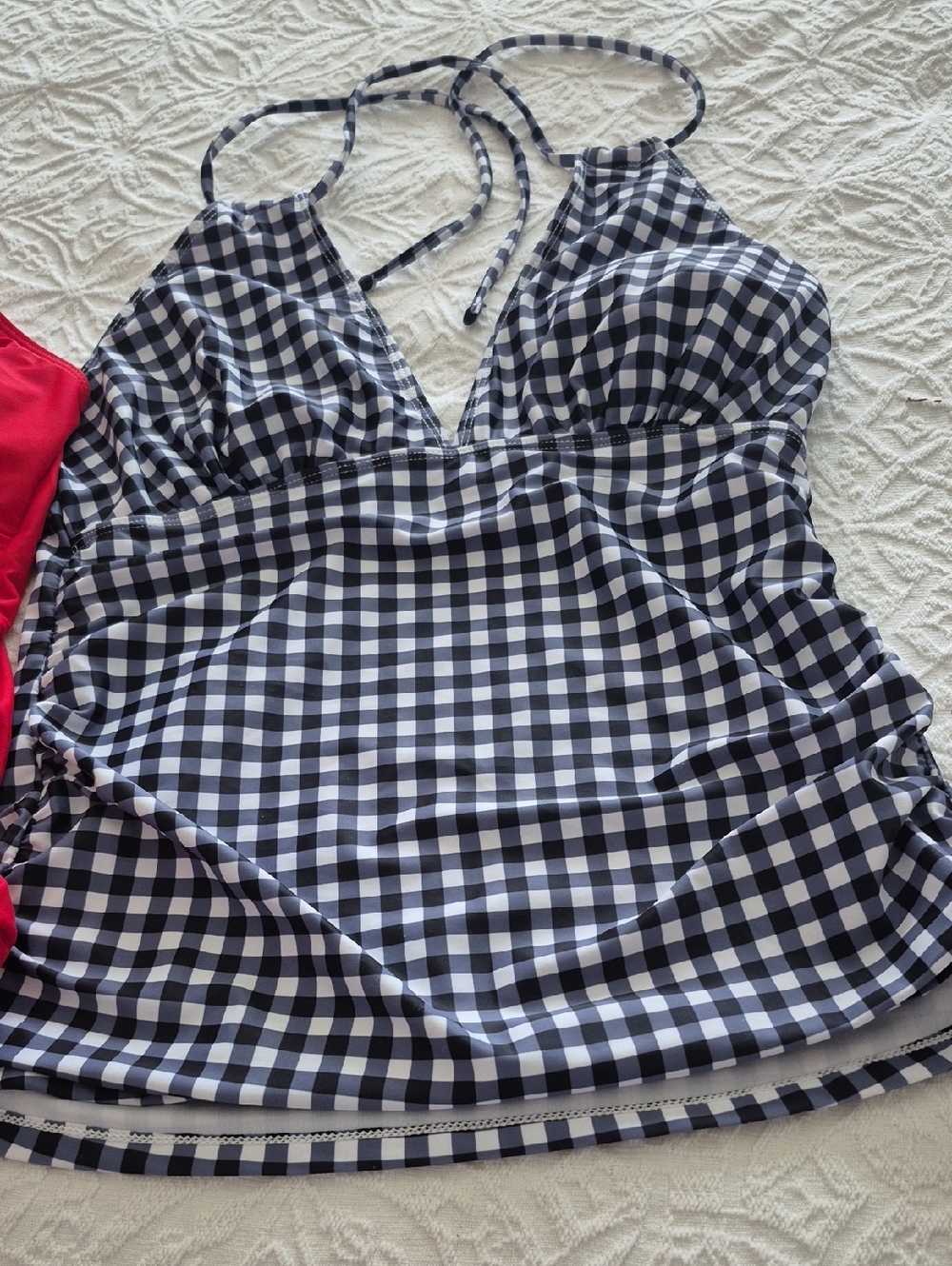 Navy & White Gingham Halter Tankini Top. And Red Top.